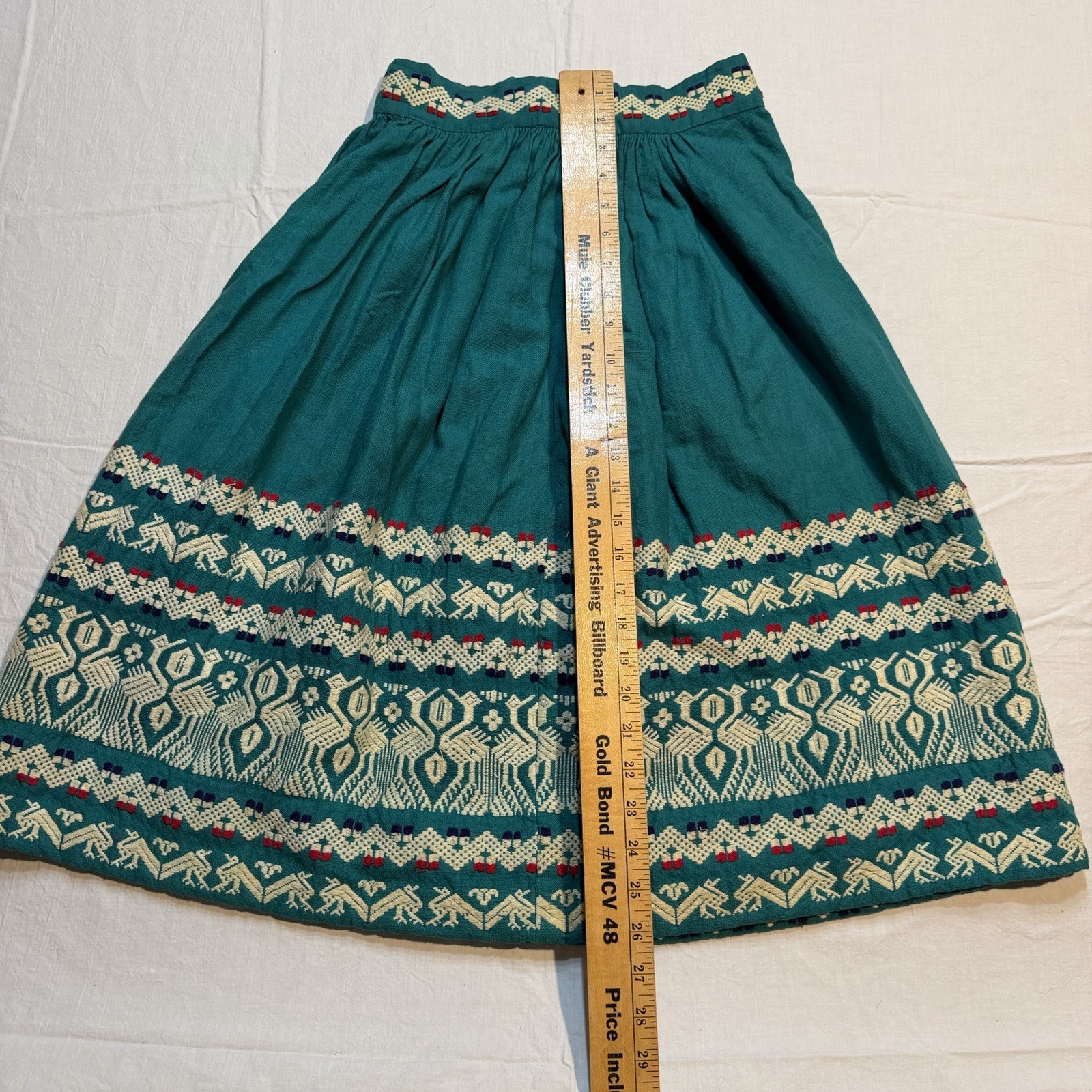 Guatemalan Handmade Woven Traditional Dirndl Skirt Size XS Green Red White Bird