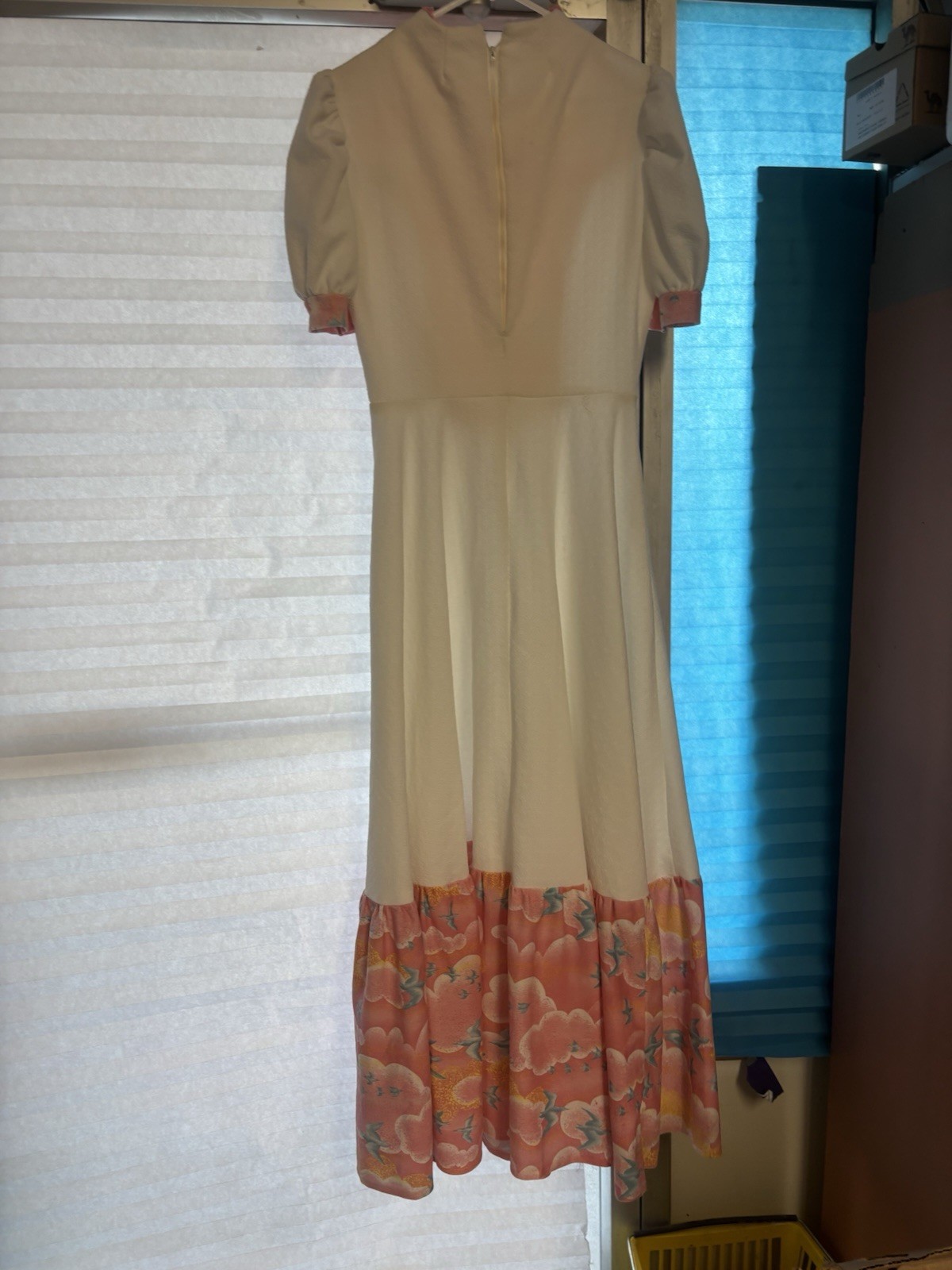 1980’s Handsewn Full Length DRESS White with Pink Clouds, Blue Doves BOHO