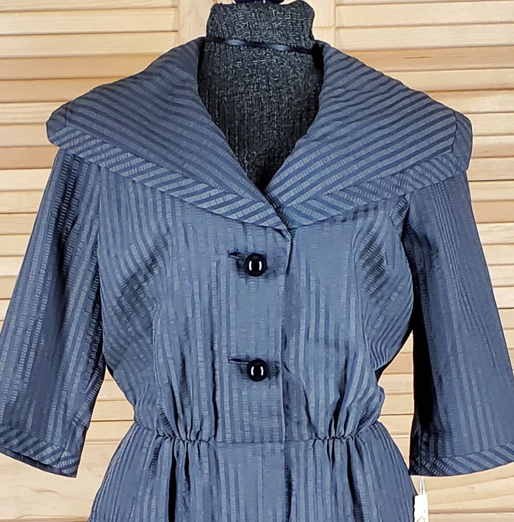Vtg 50s 60s dress Georgia Bullock designer Size L chest 22 striped blue grey