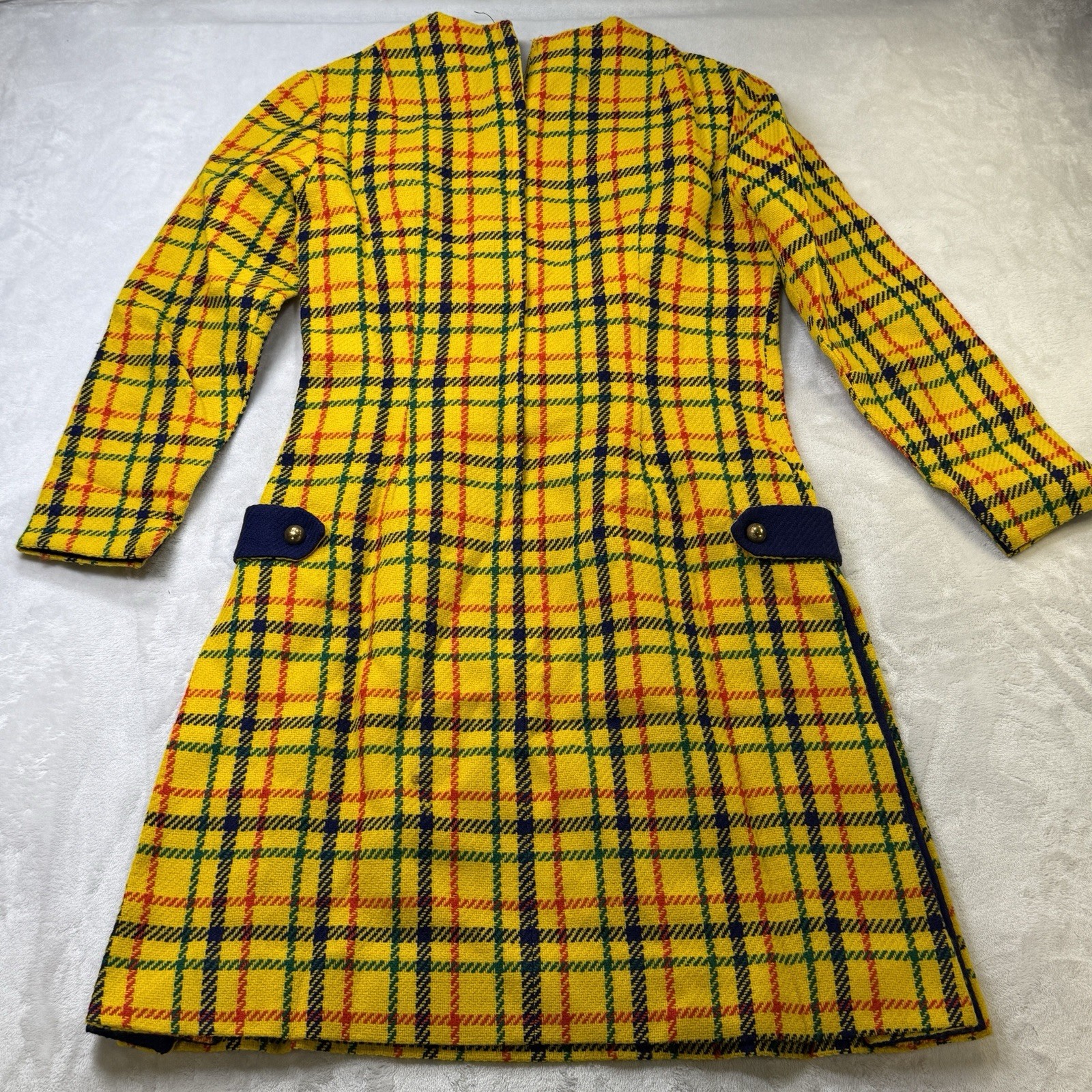Vintage 60s 70s Parfait Originals Plaid Mod Dress Yellow Wool Disco MCM