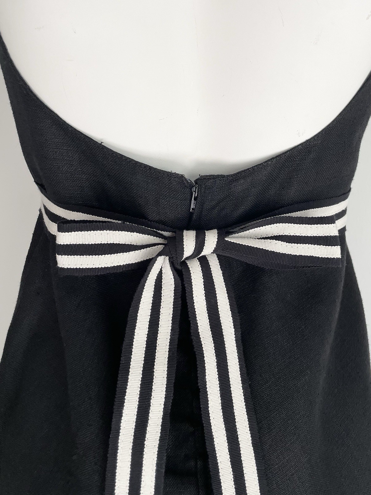 Valentino 1993 Vintage Black Linen Dress White Stripe Bow Ribbons Size Large 90s
