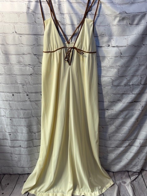 Vintage 70s Dutchess Yellow Nightgown Slip Fairy Whimsy Sz 11 V Neck Brown Tie