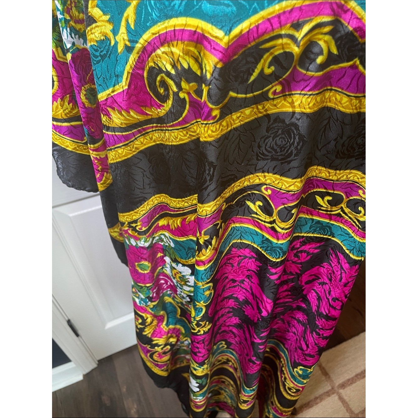 Vintage Exclusively Yours Vibrant Fuchsia & Black Maxi Dress Kaftan Baroque OS