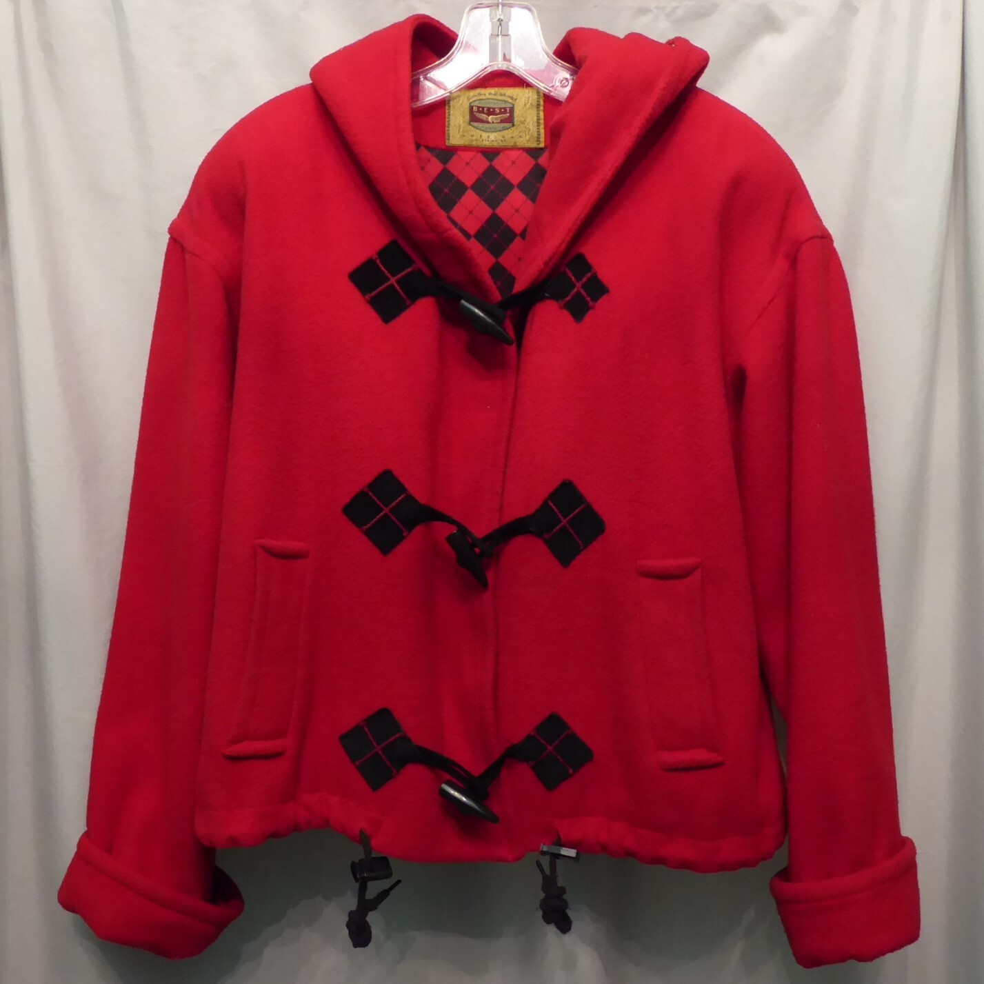 Vintage Best American Clothing Co Red Black Wool Blend Hooded Toggle Coat M USA