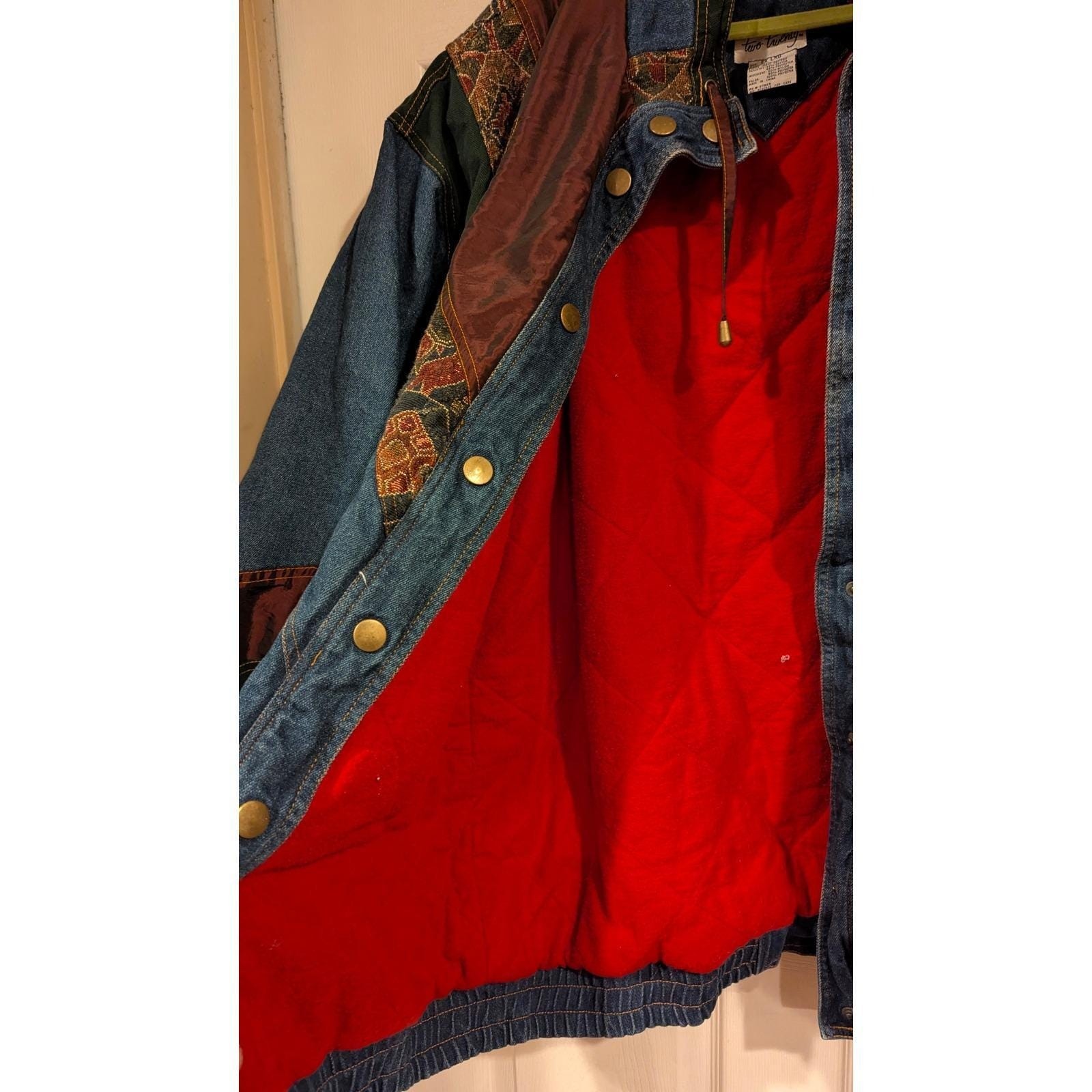 Two Twenty Denim Jacket Aztec Print Lined Snap Front Quilted Coat Vintage 90s