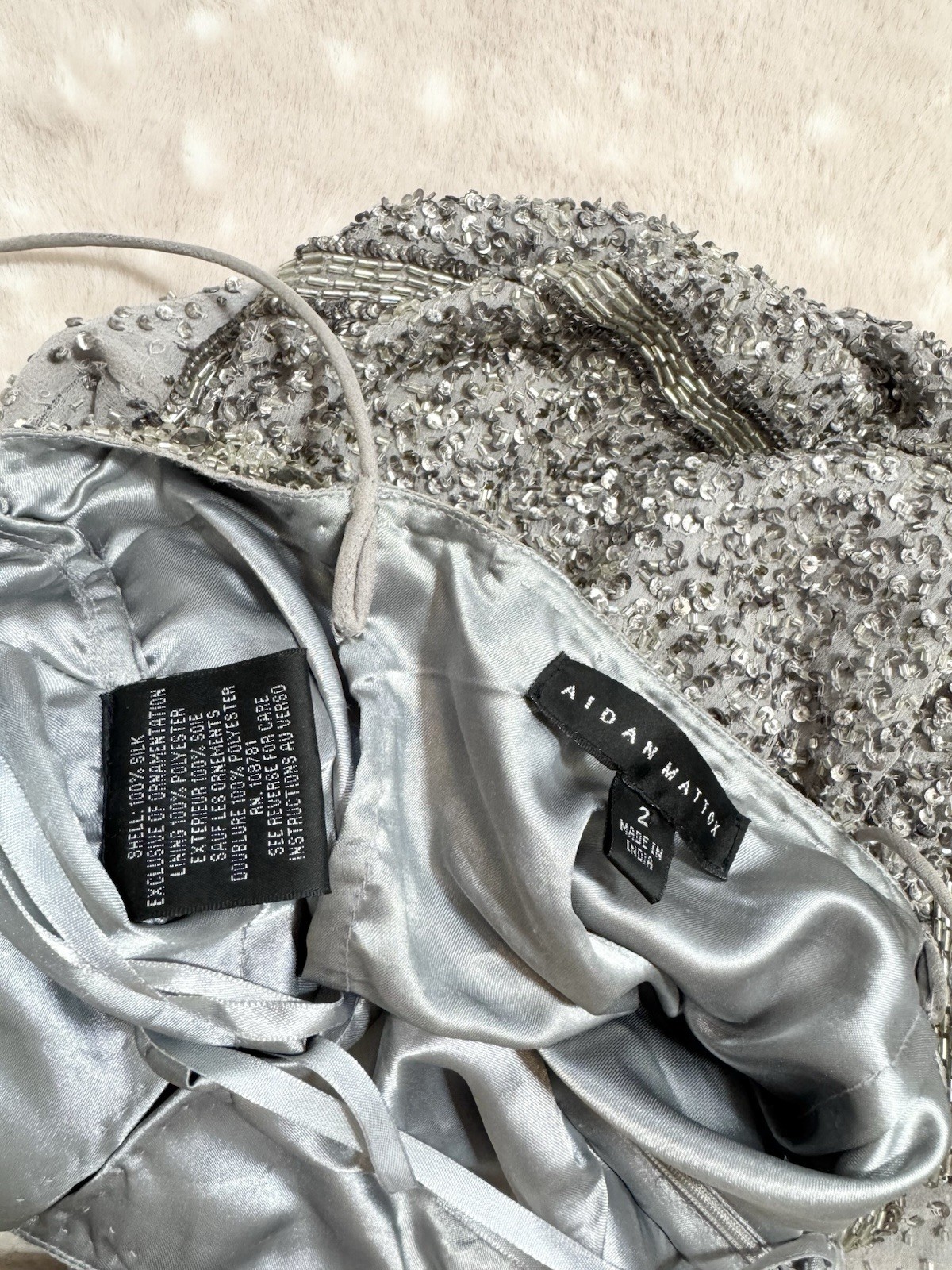 Vintage Y2K Silver Beaded Silk Sequin Gem Party Princess Mini Dress Grey Size S