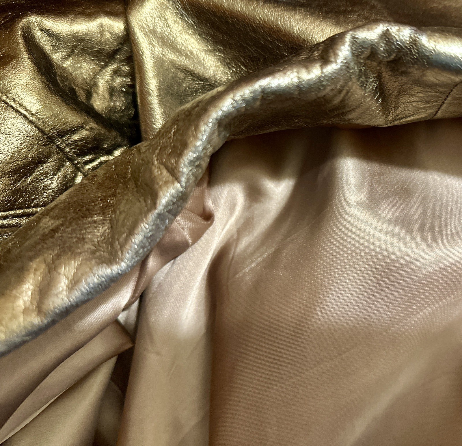 VTG 80s Kanar Gold Lame Metallic Leather Swing Coat Hollywood Glam XL / 2XL