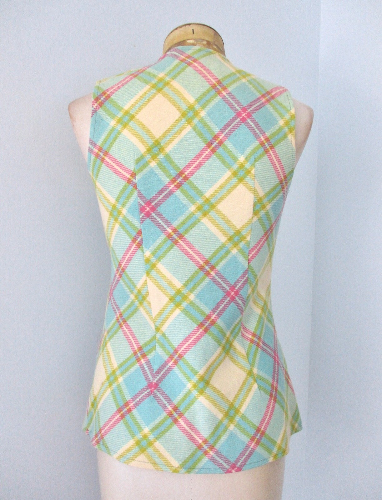 Vtg 60s Mod Blue Pink Green Plaid 2-Pc Bell Bottom Flare Leg Vest Pant Suit 7