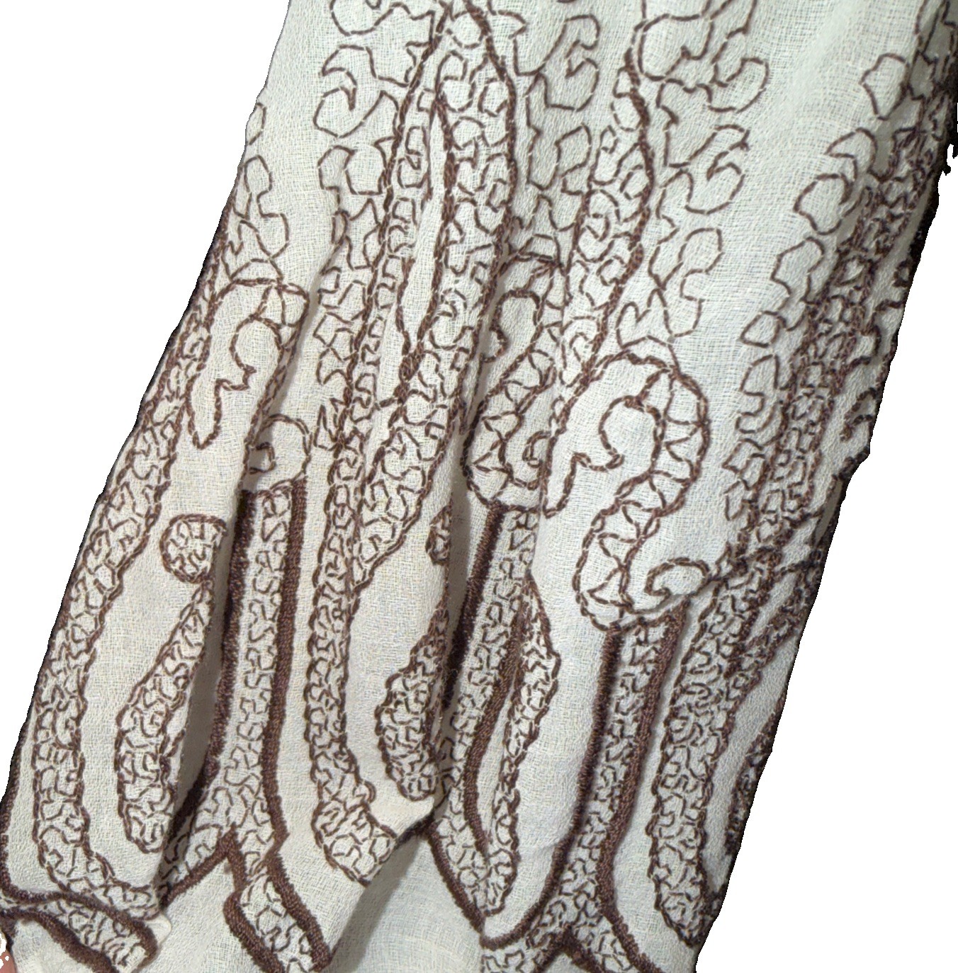 Vintage 70s Laura Mae Polyester Long Sleeve Blouse White Brown Embroidery