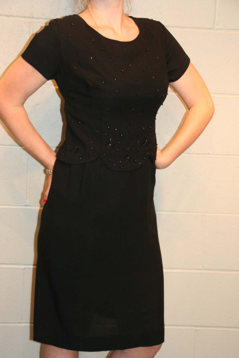 M~L Vtg 1950s Party DRESS Atomic Rayon Overblouse Beads Rhinestones Cocktail