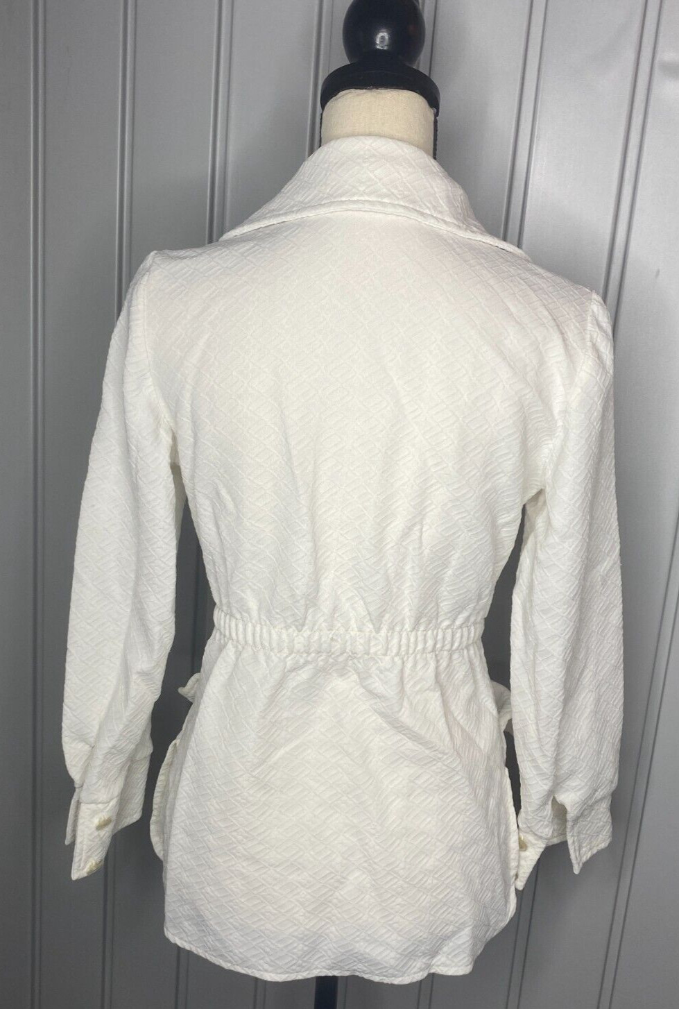 Vintage 1970s Double Knit Polyester Jacket Women Sz Large White Button Tie Close
