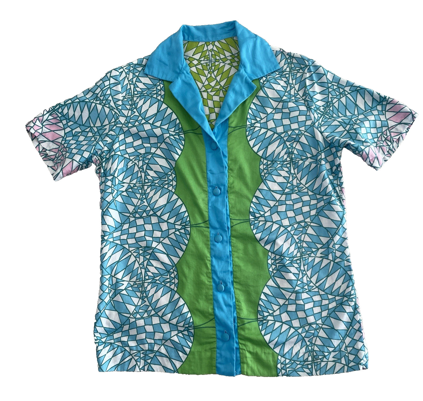 Vintage Short Sleeve Button Down Shirt Geometric Pattern Cotton