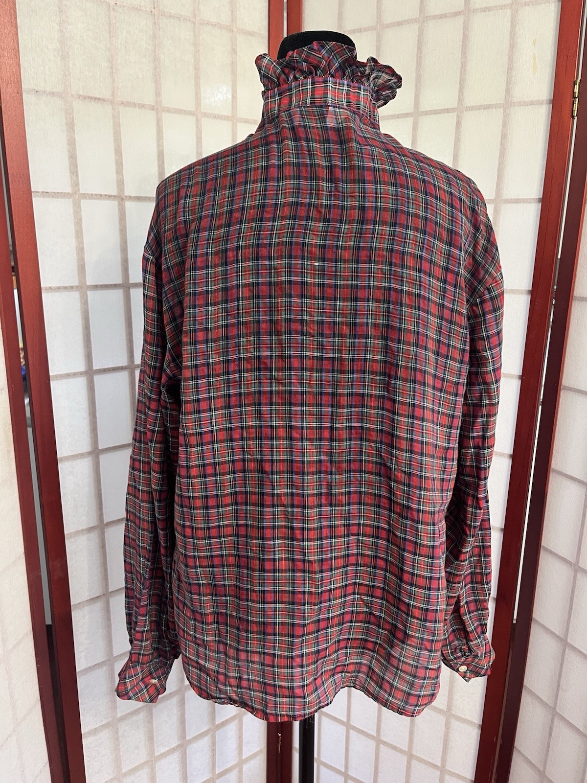 Vintage 80’s Victorian grunge retro red, green, and beige plaid blouse