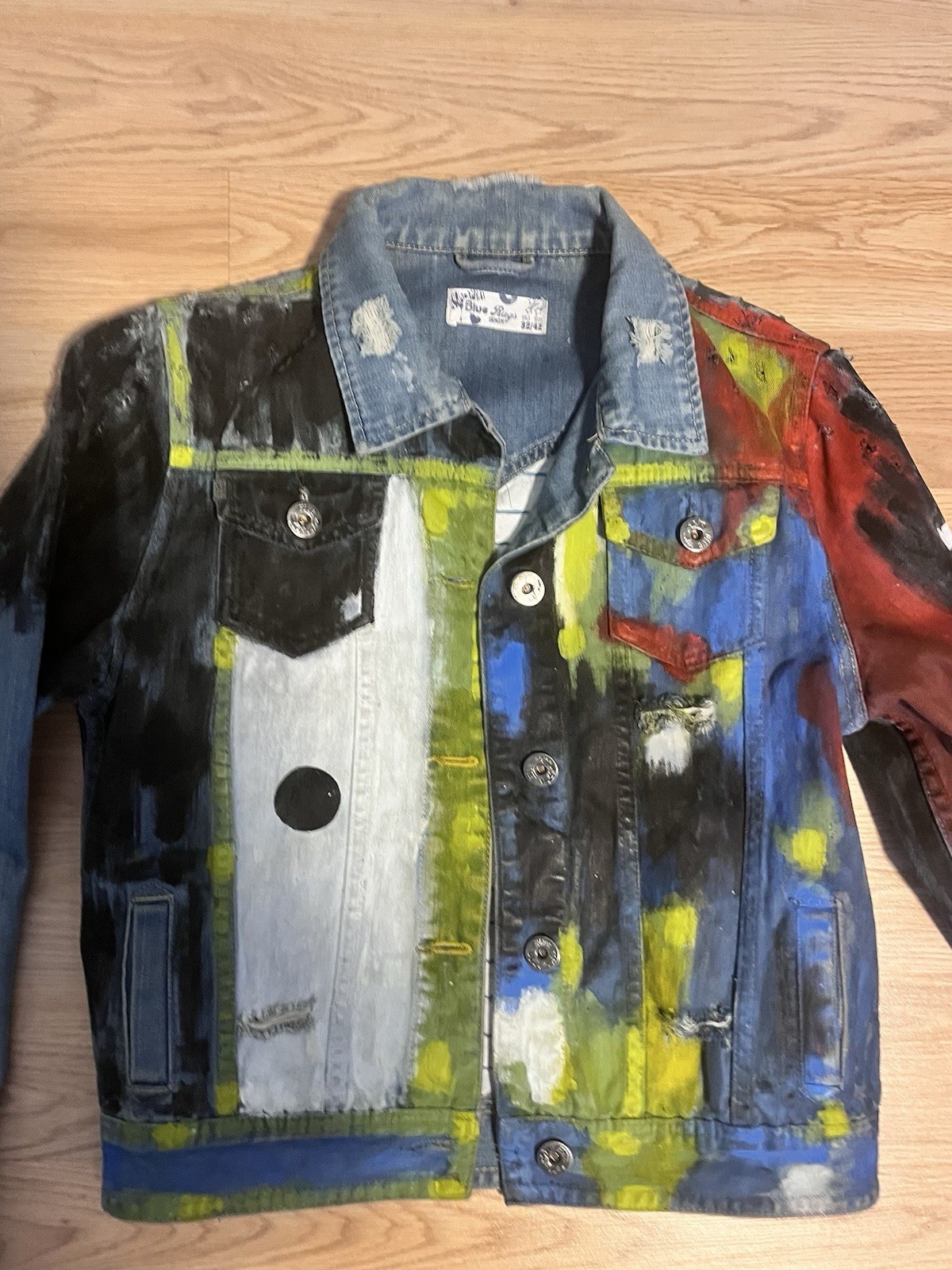 Jean Jacket Women Small Multicolor Upcycled Hand Painted Wearable Art Thrashed