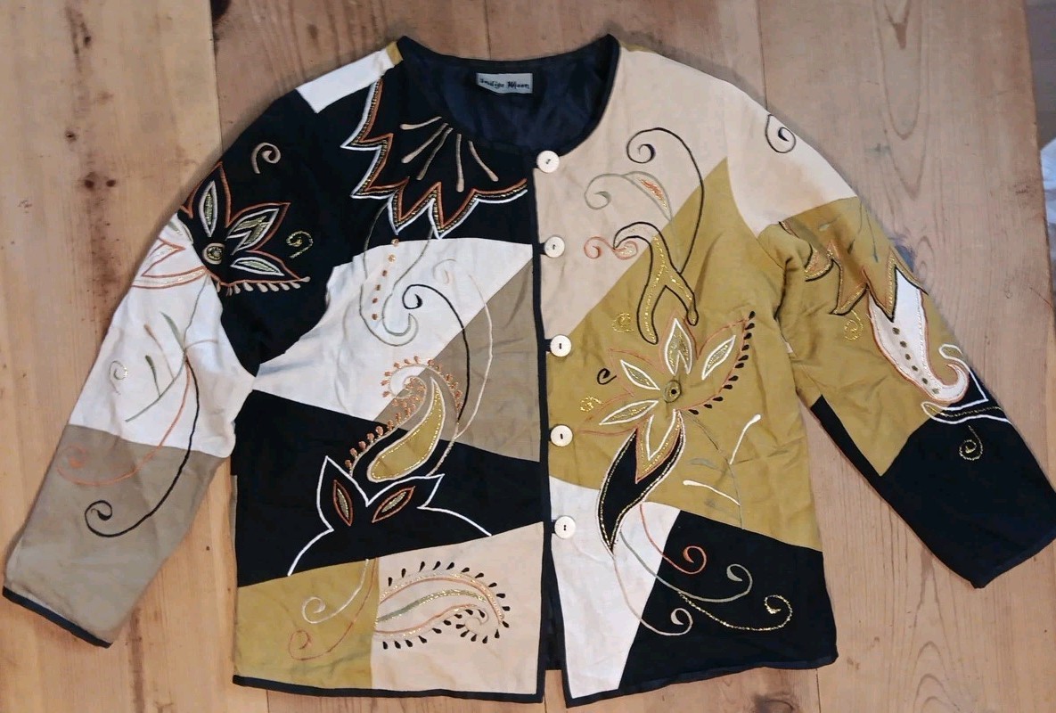 Vtg Indigo Moon Womens L Jacket Wearable Art Embroidered Floral Button Up