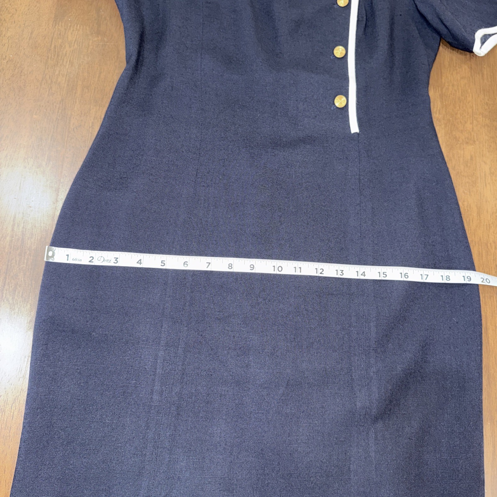 Vintage Navy Sheath Dress Petite 8 Union Made Gold Buttons White Trim Lined