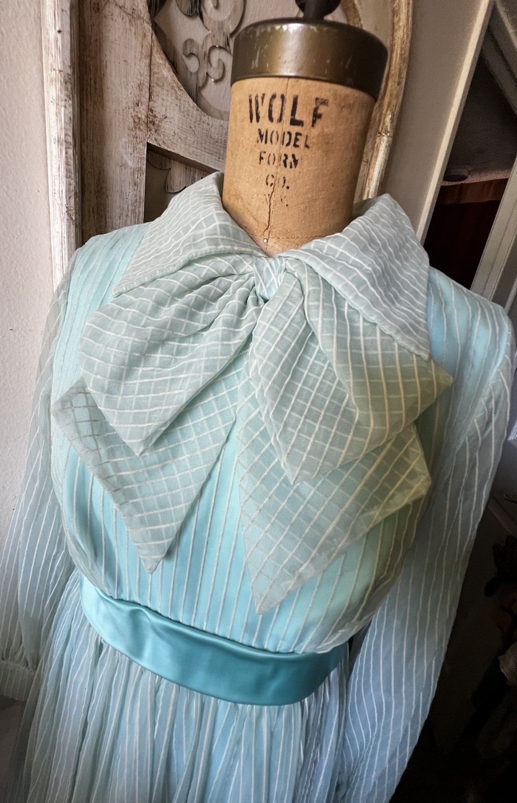 1960s-1970s Chiffon Maxi Dress Collared Long Sleeve Bow Front Handmade