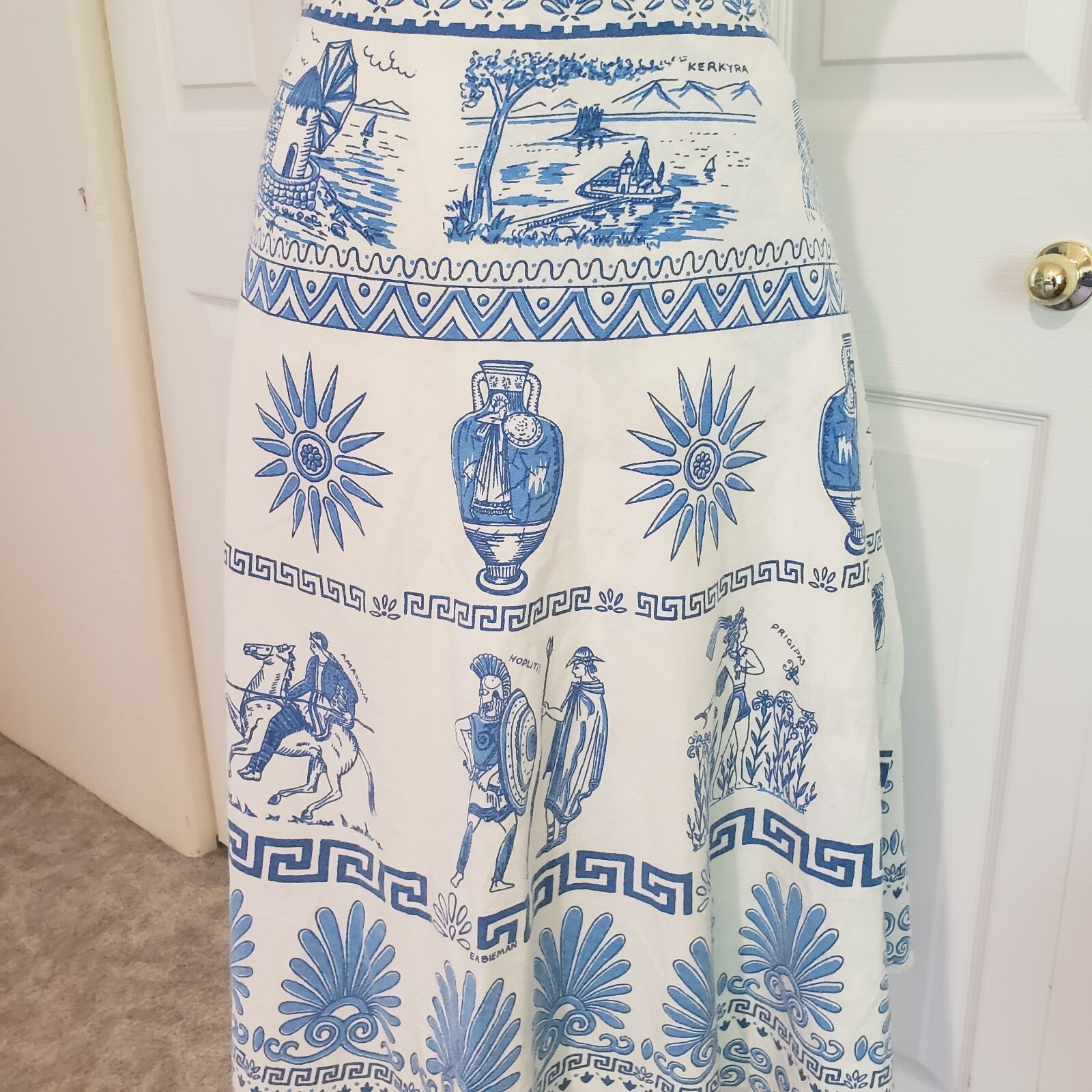 Vtg 1970s Greek Greece Novelty Wrap Skirt Blue White Cotton Size Medium