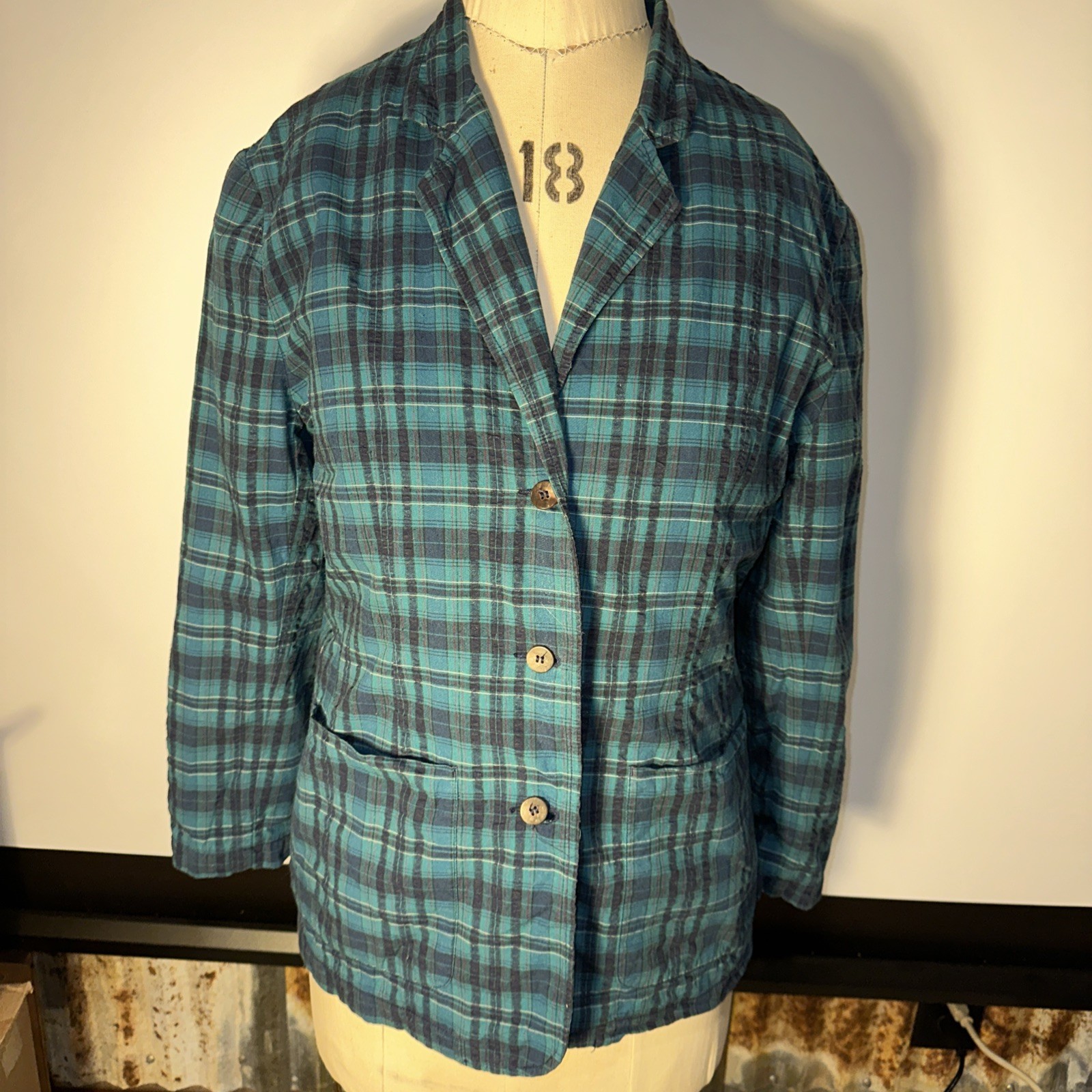 Vintage Eddie Bauer Blue Plaid Blazer Poplin Sport Jacket Women’s Sz Lg