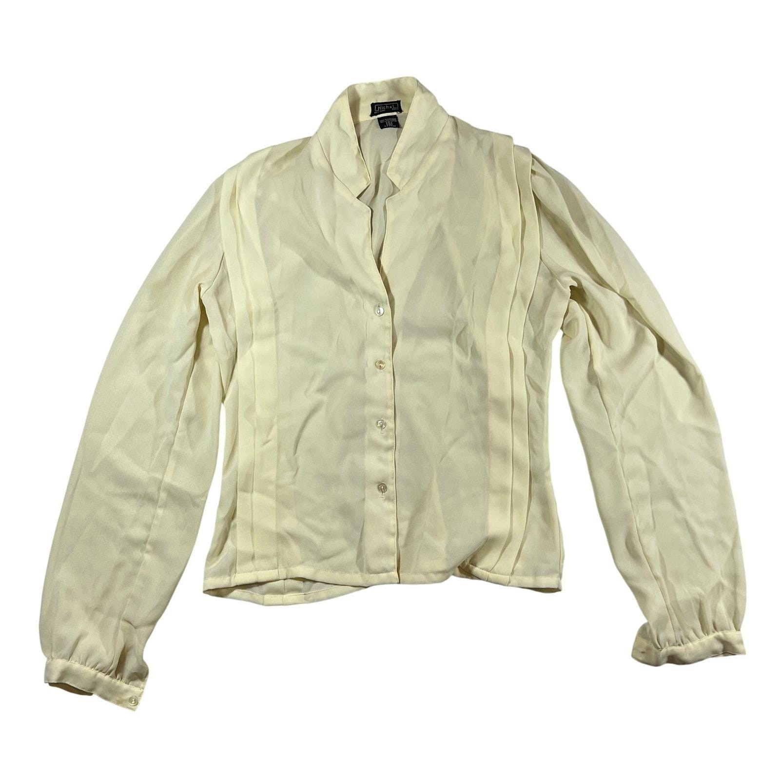 VTG Michel Blouse Womens S Cream Pleated Front Button Up Secretary Core 80s 90s