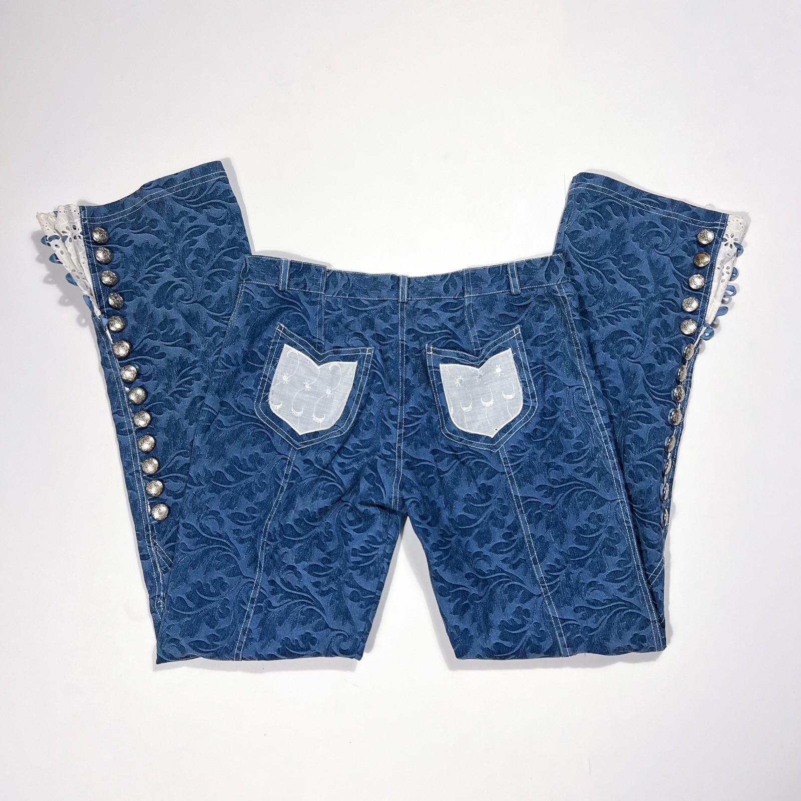 Vintage Dekers Paris Flared Brocade Pants Blue Floral Lace Button Hem