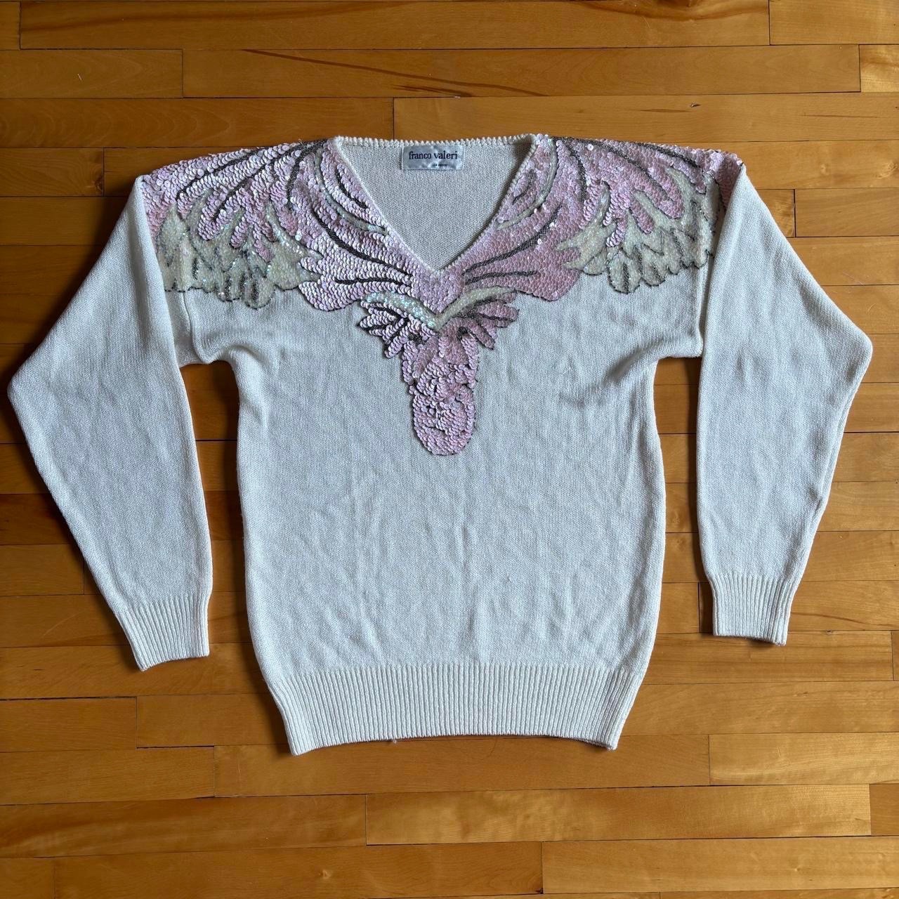 vintage 80s white knit sweater with sequin & bead details size M MINT CONDITION
