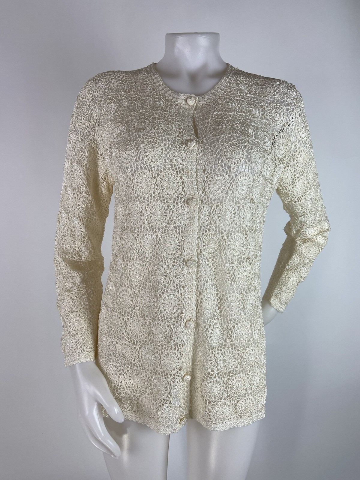 Hand Crochet Lace Cardigan Size Medium Antique Off White Granny Core Sweater