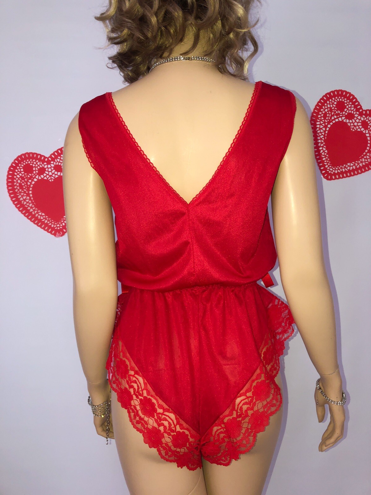 Vintage Red Lace Teddy playsuit romper lingerie Cheeky SZ M/6 90s retro Pin Up