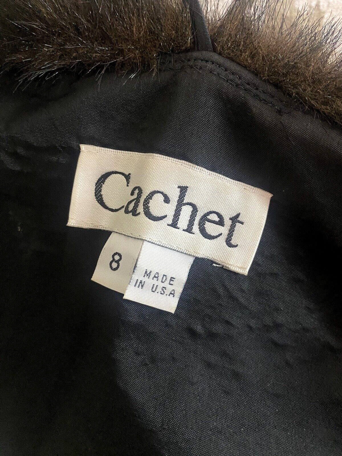 VTG CACHET Black Velvet Faux Fur Collar Wiggle Cocktail Prom Party Dress 8 EVC