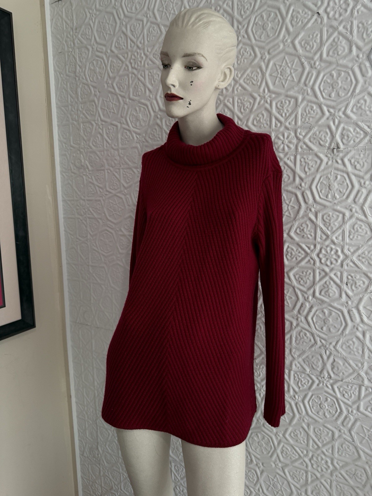 Eileen Fisher red pullover chevron knit sweater dress tunic oversized Small