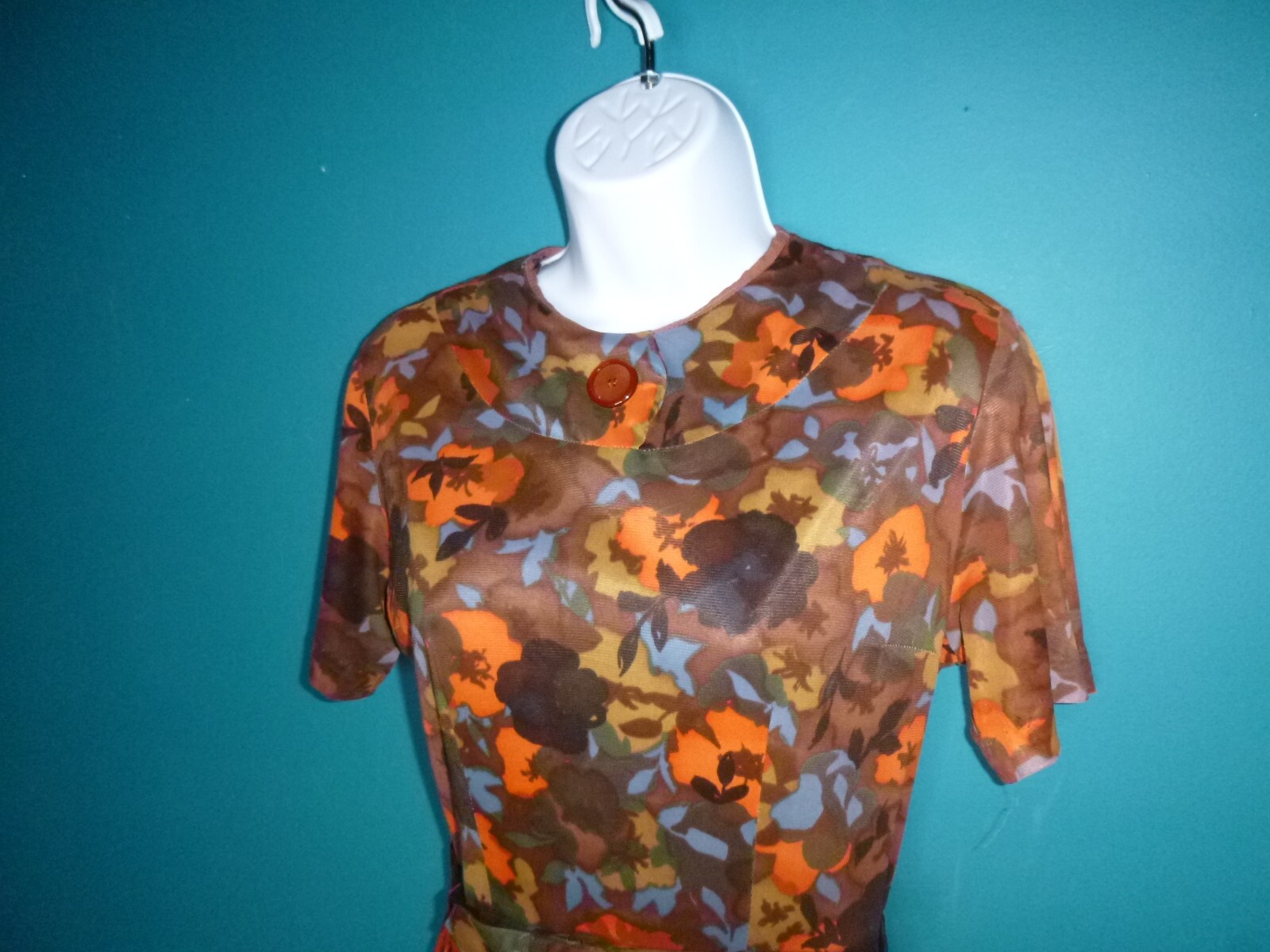 Vtg 60s Nylon Stretch Fabric Dress Multi Color Brown Orange Floral Sz S/M