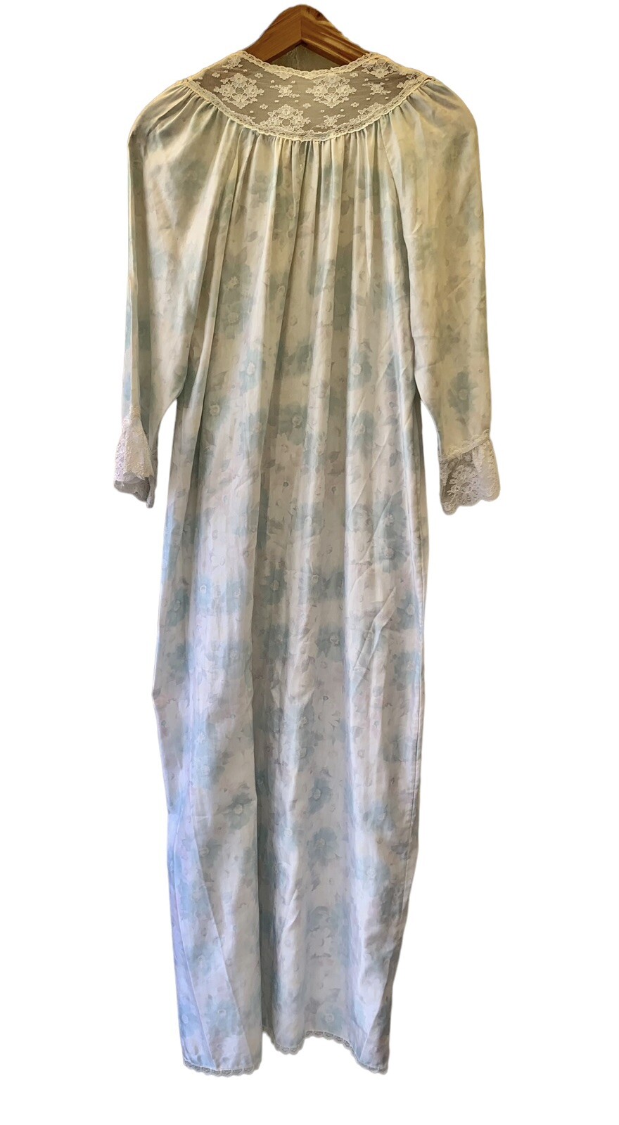 VTG Prairie Cottage Romantic Farmhouse Blue Long Nightgown Lace Corhan Floral