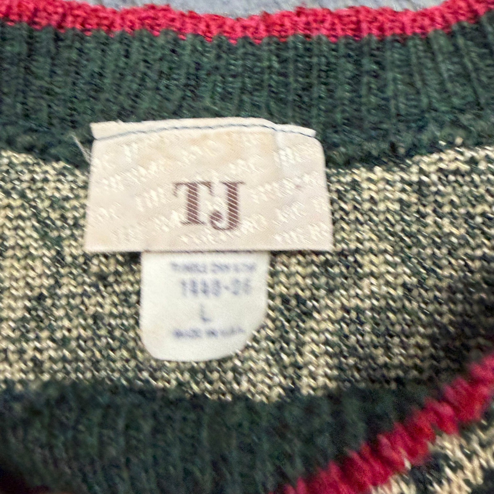 Vintage TJ Green Paisley Knit Short Sleeve Sweater Pink Trim Cotton Blend Large