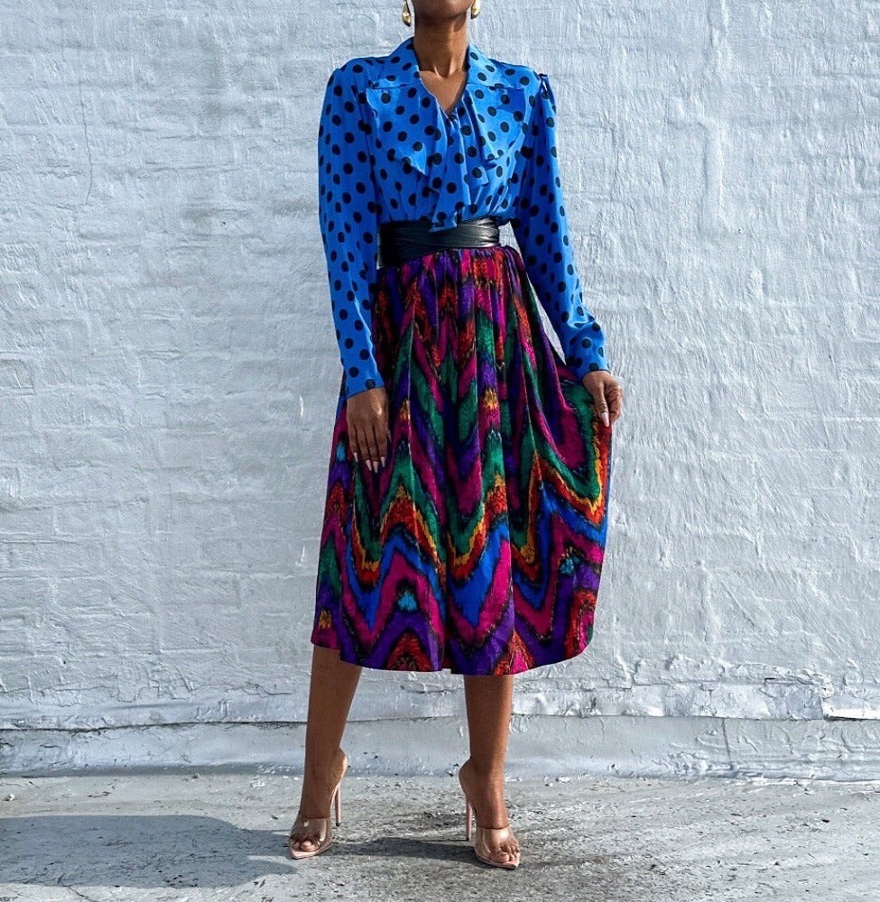 TanJay VTG Small 2pc Set Watercolor Art Wear Print Skirt Open Long Top Made USA
