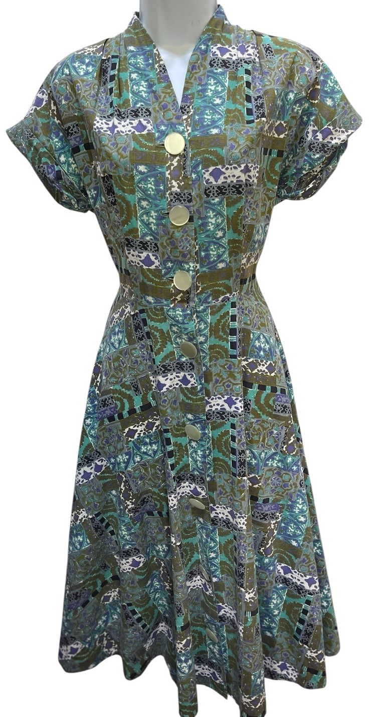 Vtg 50s Penny’s Brentwood Mod Novelty Print Day Dress S Cotton Rockabilly A-Line