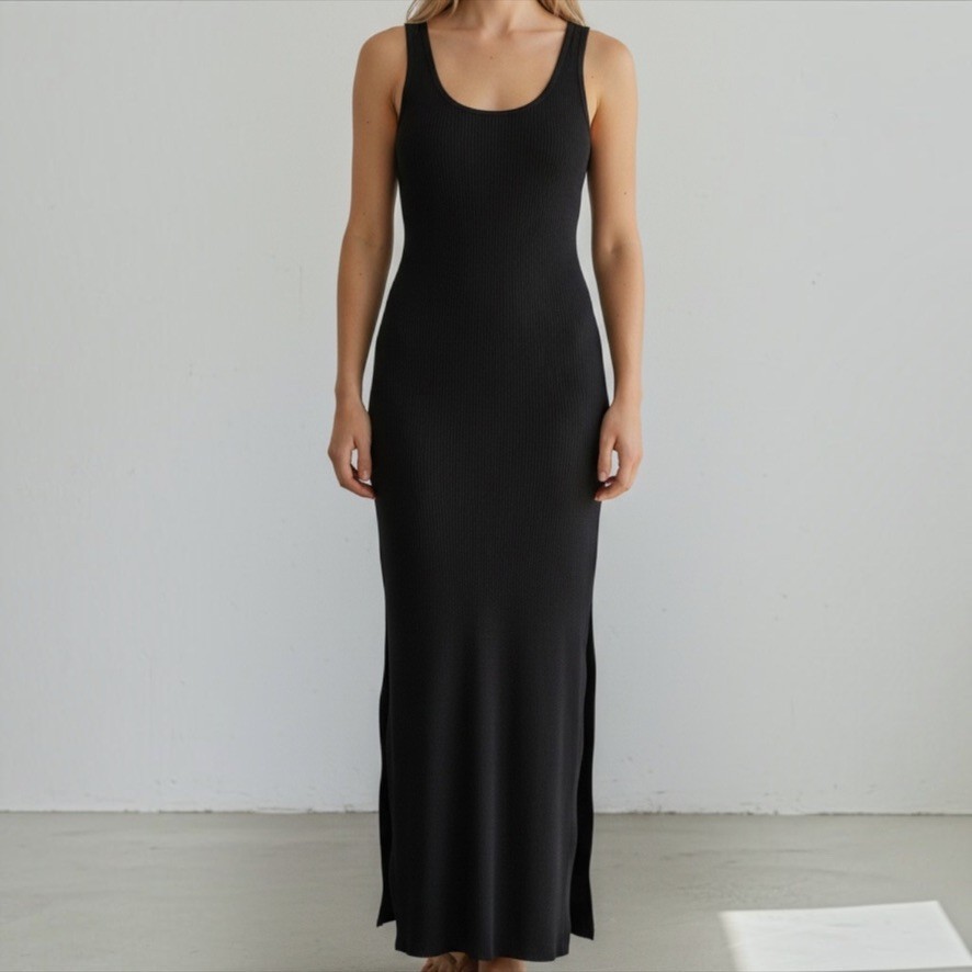 Vintage Blue 90s Rib Knit Maxi Dress Side Slits Black Sheath Tank 8 S M Made USA
