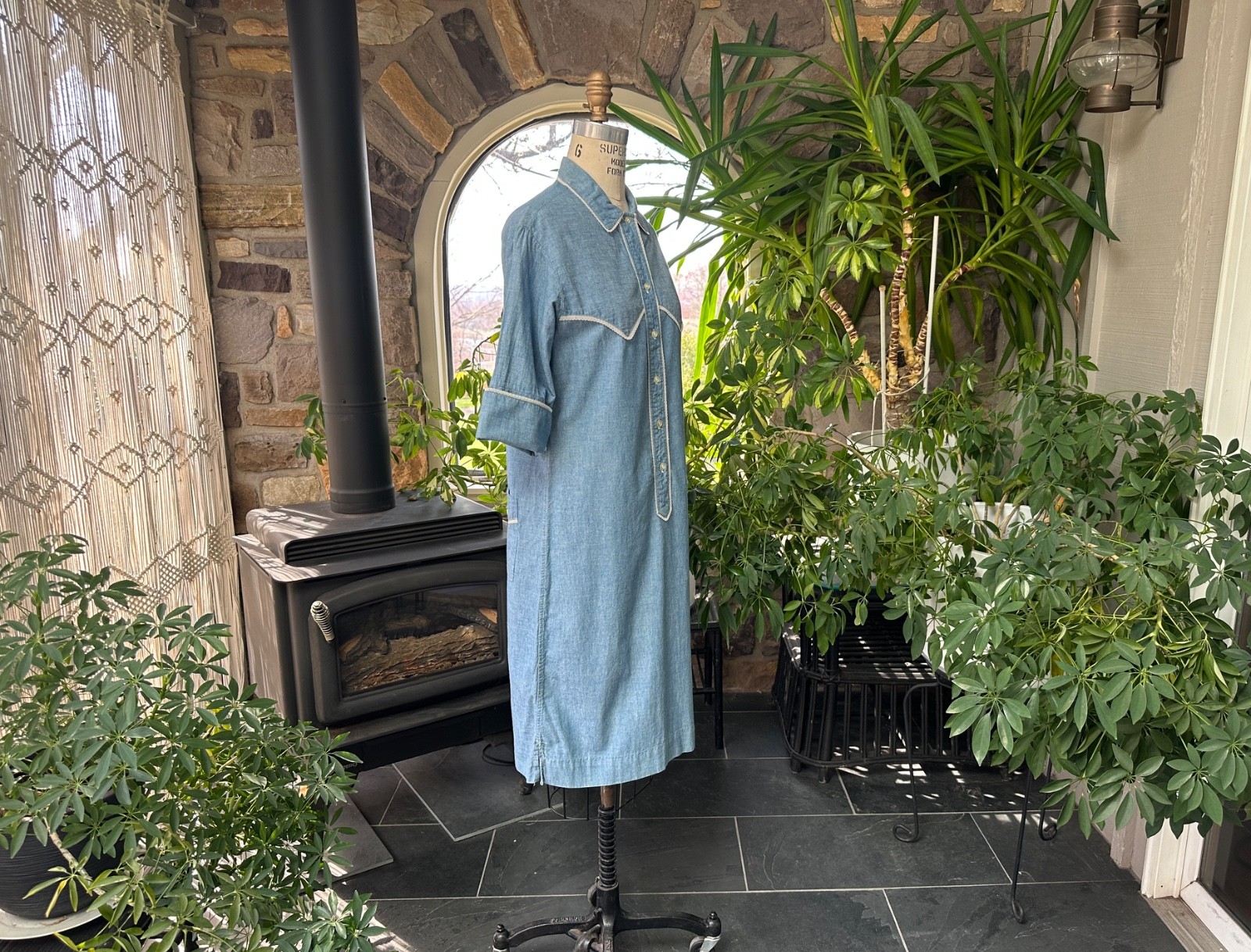 Vintage 1960s Blue Chambray White Lace Trim Shirtdress Langtry Ltd