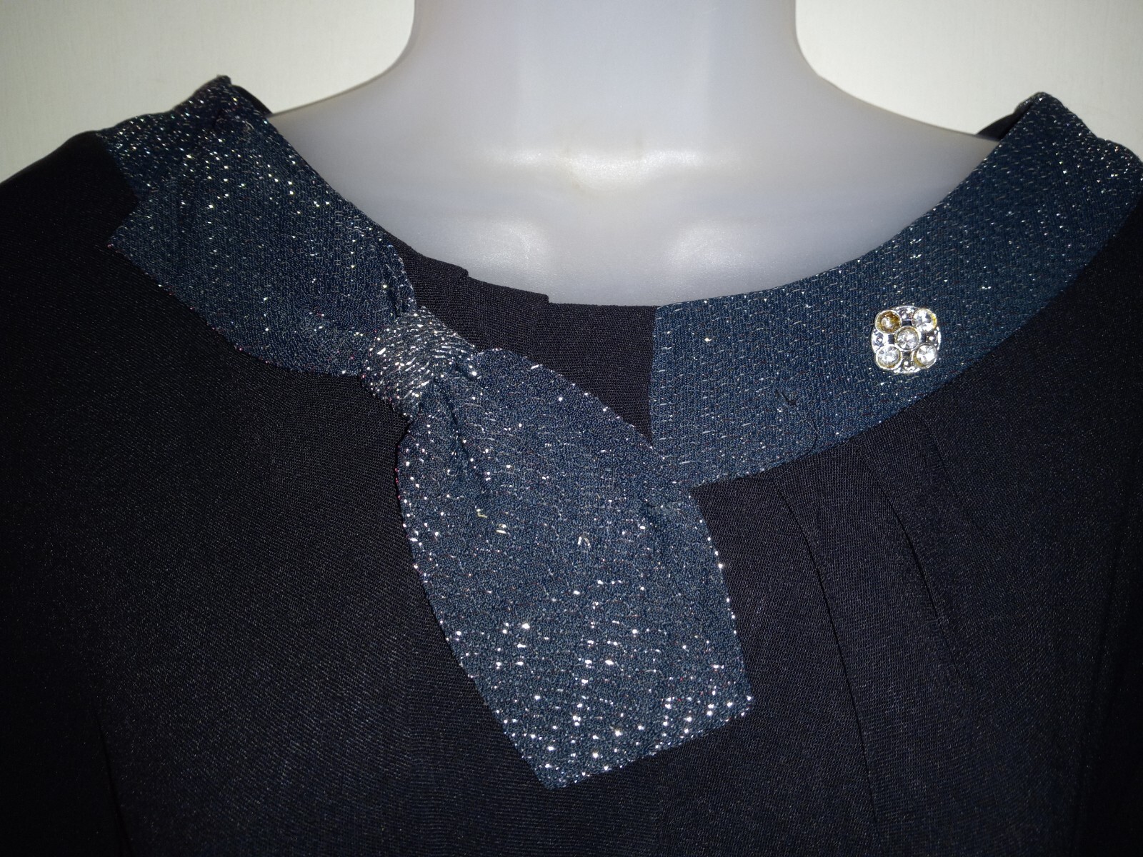 Vintage 40s Black Rayon Rhinestone Dress Metallic Net Collar Pockets Side Zip L
