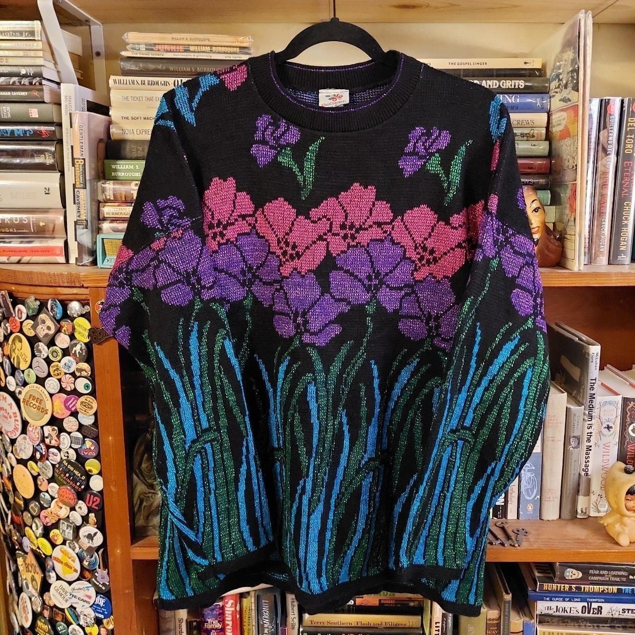 Vintage made in USA tinsel black and multicolored floral sparkly sweater