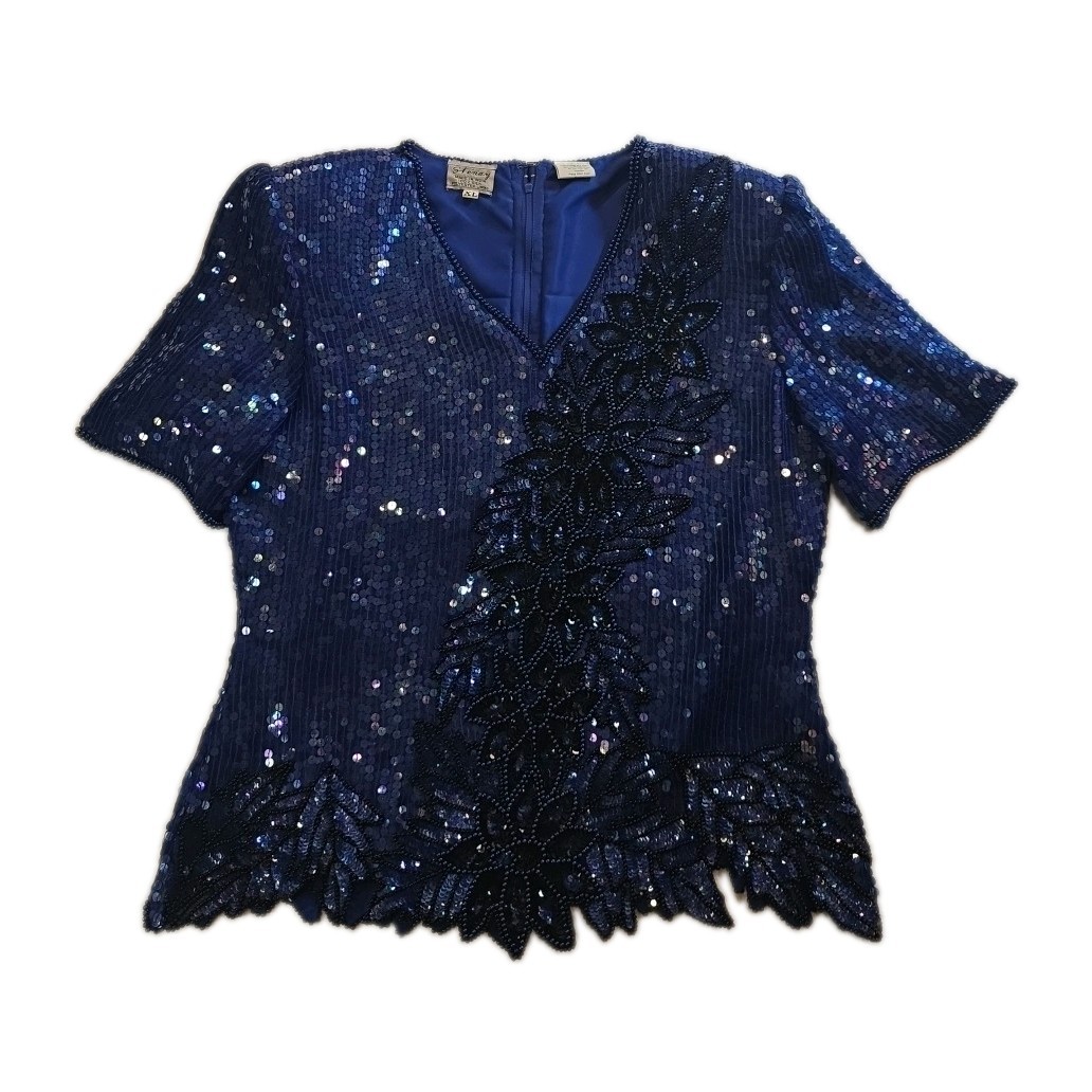 Vintage Blue & Black Sequin Stenay 100% Silk Blouse – Size XL