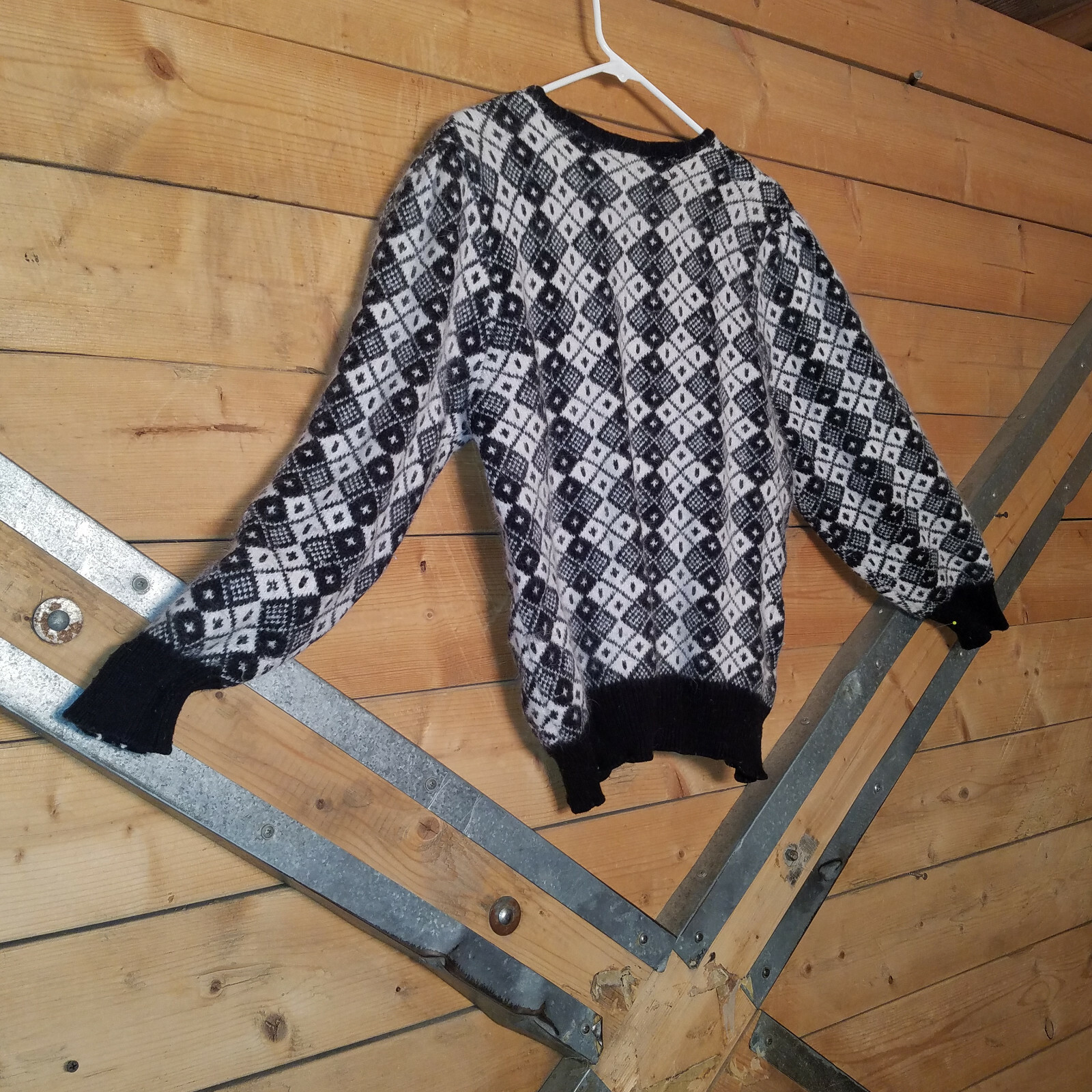 Large Black and White Sweater with Diamond Pattern by Golden Gate – Swanky Barn