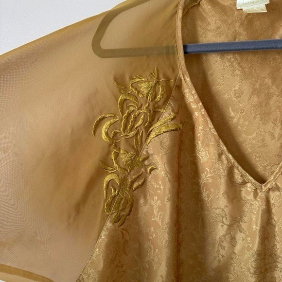 Vintage 80s Yellow Gold Nightgown Mini Dress Paisley Filigree Sheer Long Sleeve