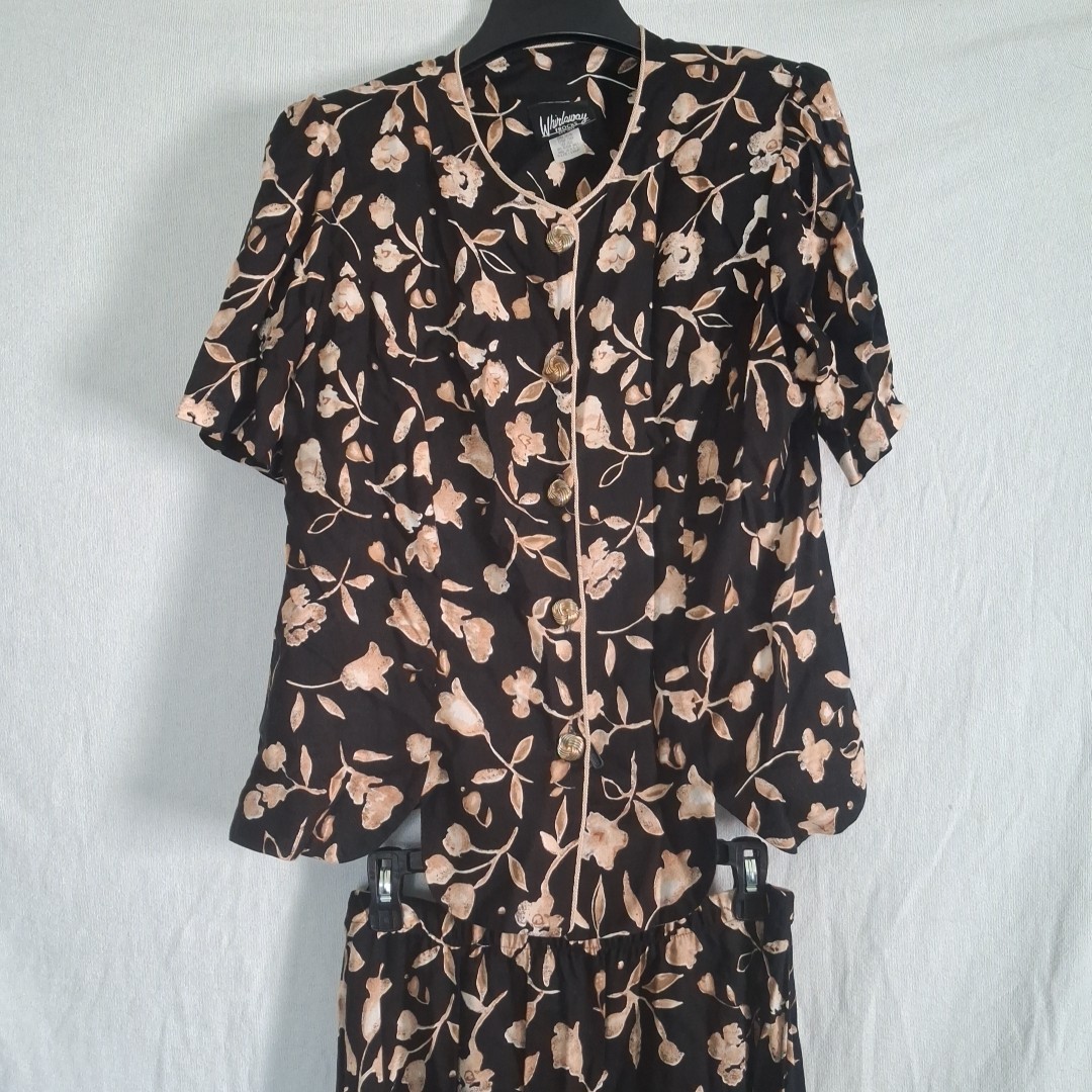 VTG Whirlaway Frocks Rayon Skirt Set Floral Black Tan Made in USA Size 16WP