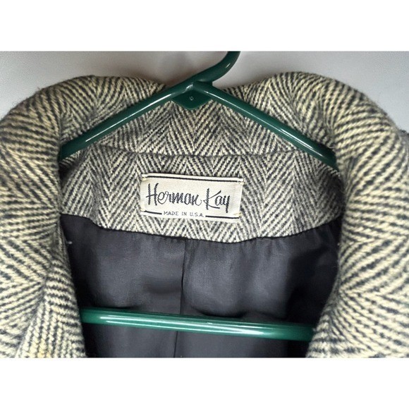 Vintage Herman Kay Herringbone Twill Wool Grey Coat Sz Womens XL