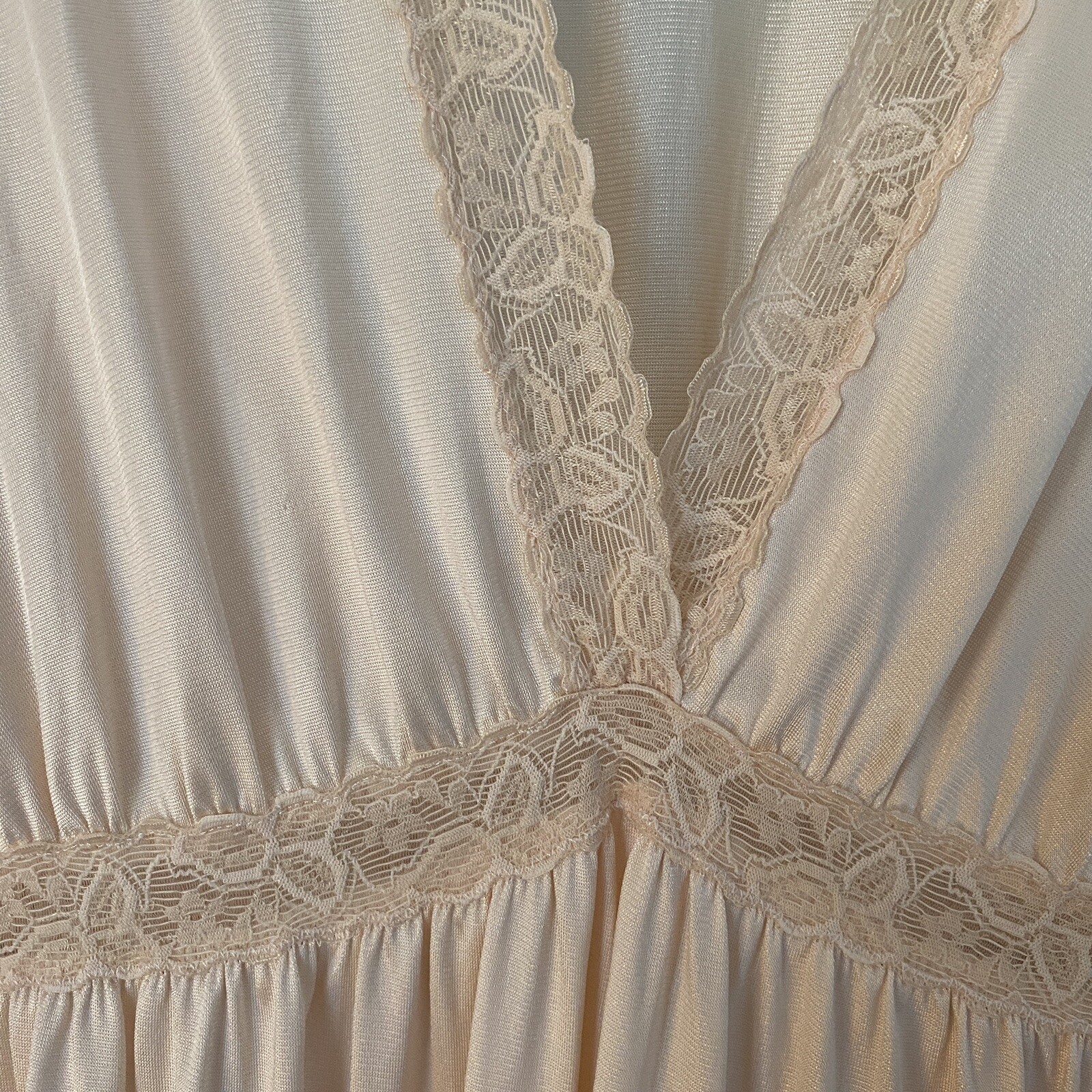 Vintage 60s 70s Sears Plunging Neckline Lacy Long Nightgown Peach 36 Small