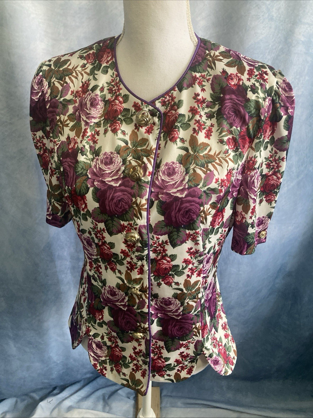 Vtg 80s 90s Whirlaway Frocks Floral Peplum Top Blouse Puff Sleeve Shoulder Pads