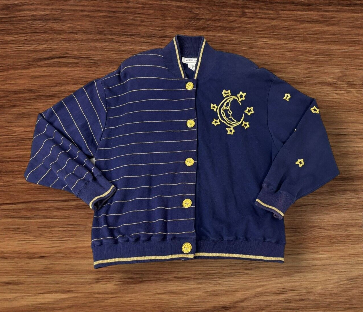 Vtg. MOLTO FINO Blue Gold Embroidered Button Front High Neck Cardigan Sweater L