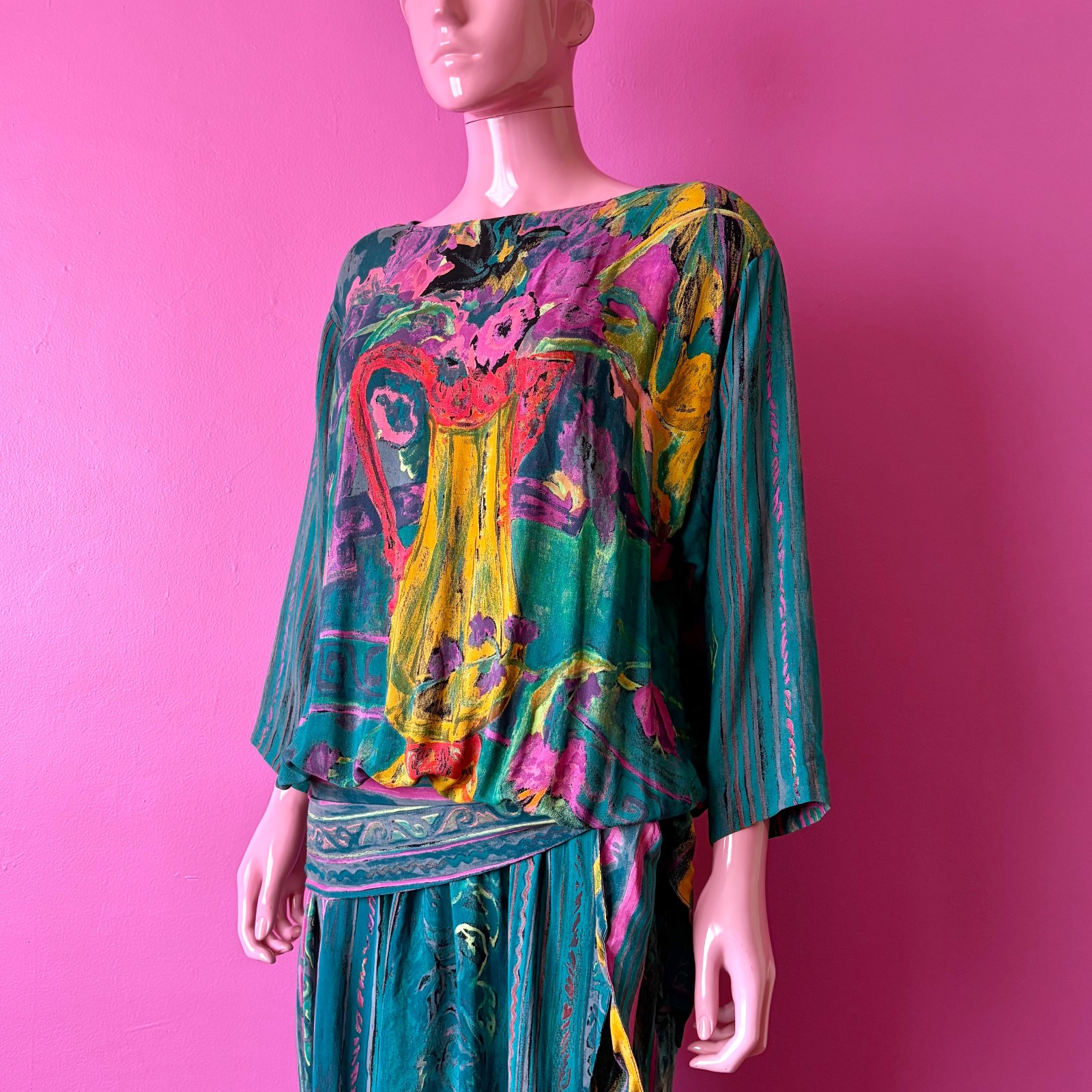 Vintage 80s 8 Midi Dress Dropwaist Teal Multi Abstract Floral Sash Long Sleeves