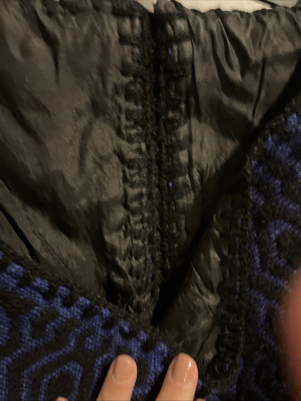 Vintage Woman’s Knit Crocheted Blue & Black Poncho Jacket Wool Cotton Lined