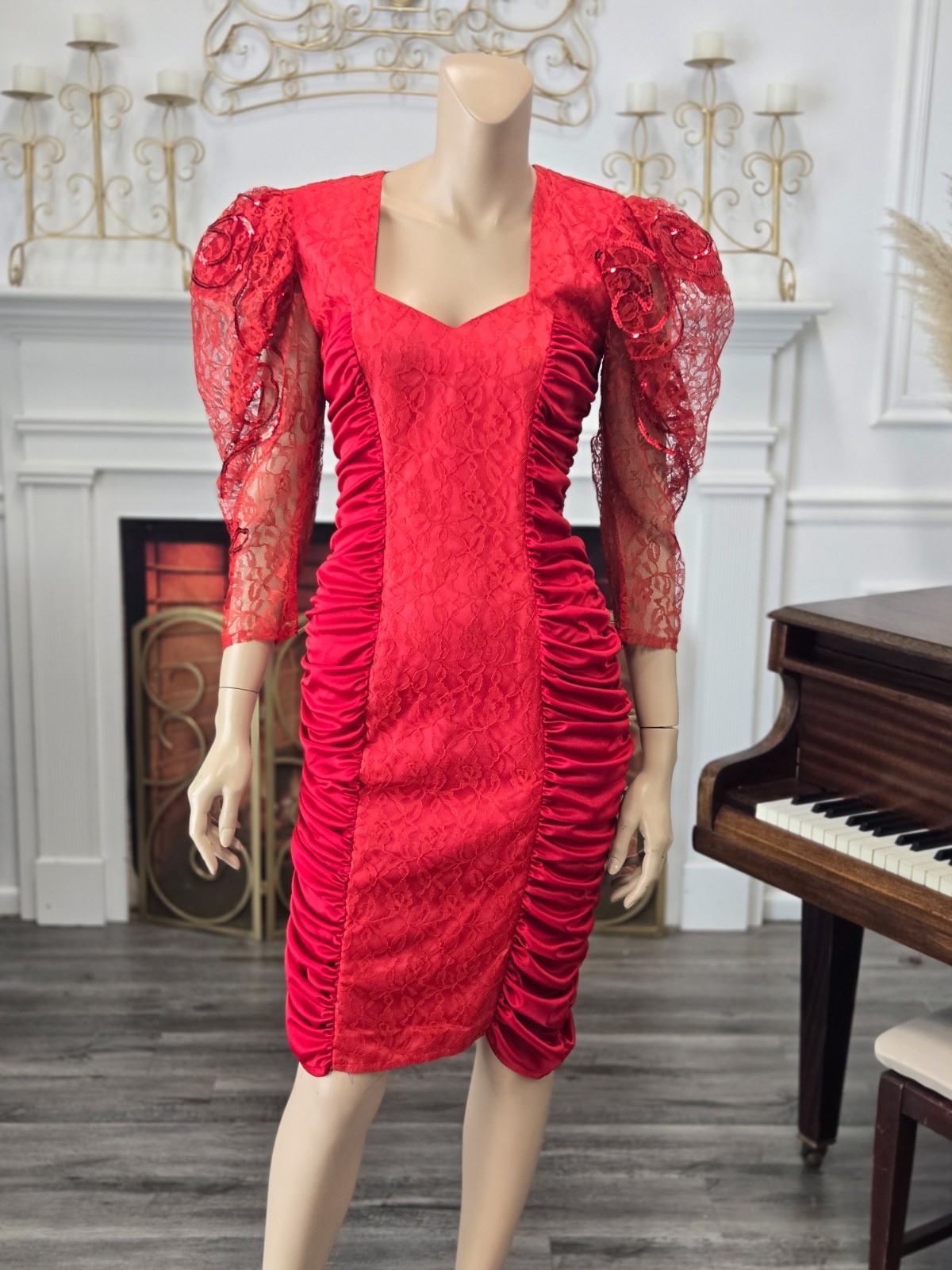 Mayvens Vintage 80s 90s Red Sequin Lace Ruched Sexy Party Prom Dress sz 7